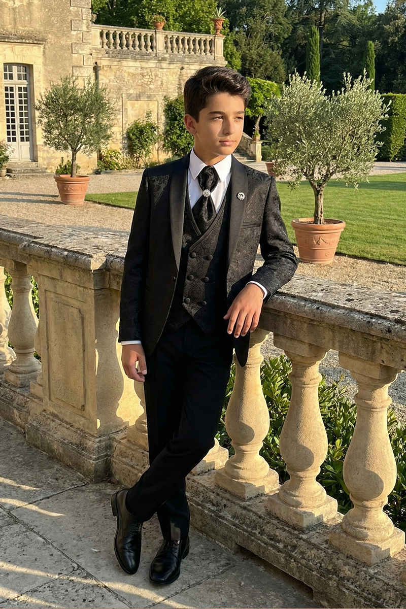 Boys Black Jacquard Tuxedo for Weddings with Shawl Collar 3-Piece Suit