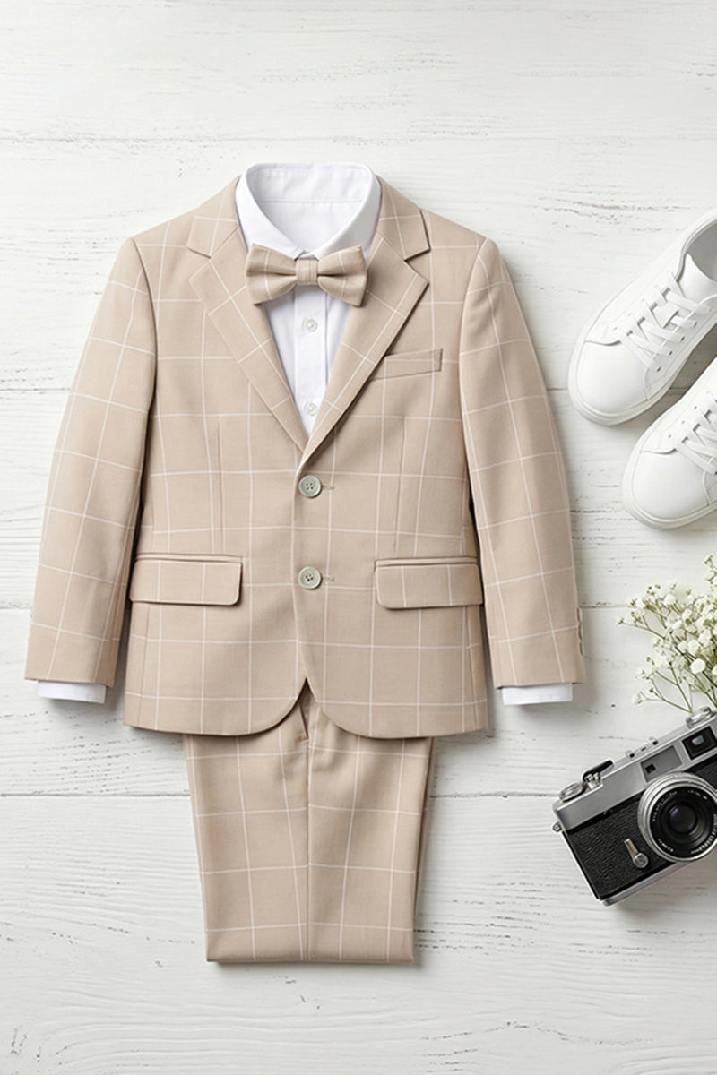 Boys Oatmeal Windowpane 3-Piece Suit for Garden Weddings