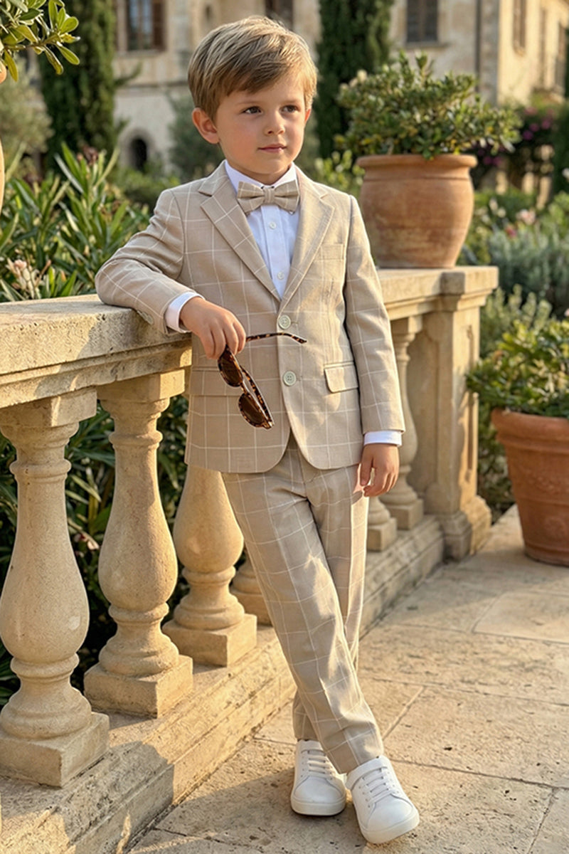 Boys Oatmeal Windowpane 3-Piece Suit for Garden Weddings