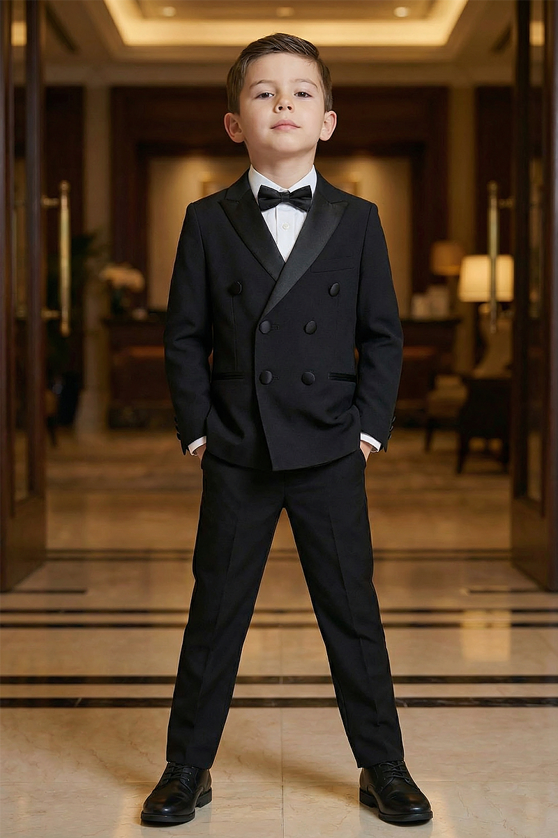 Boys Black Double-Breasted 2-Piece Suit