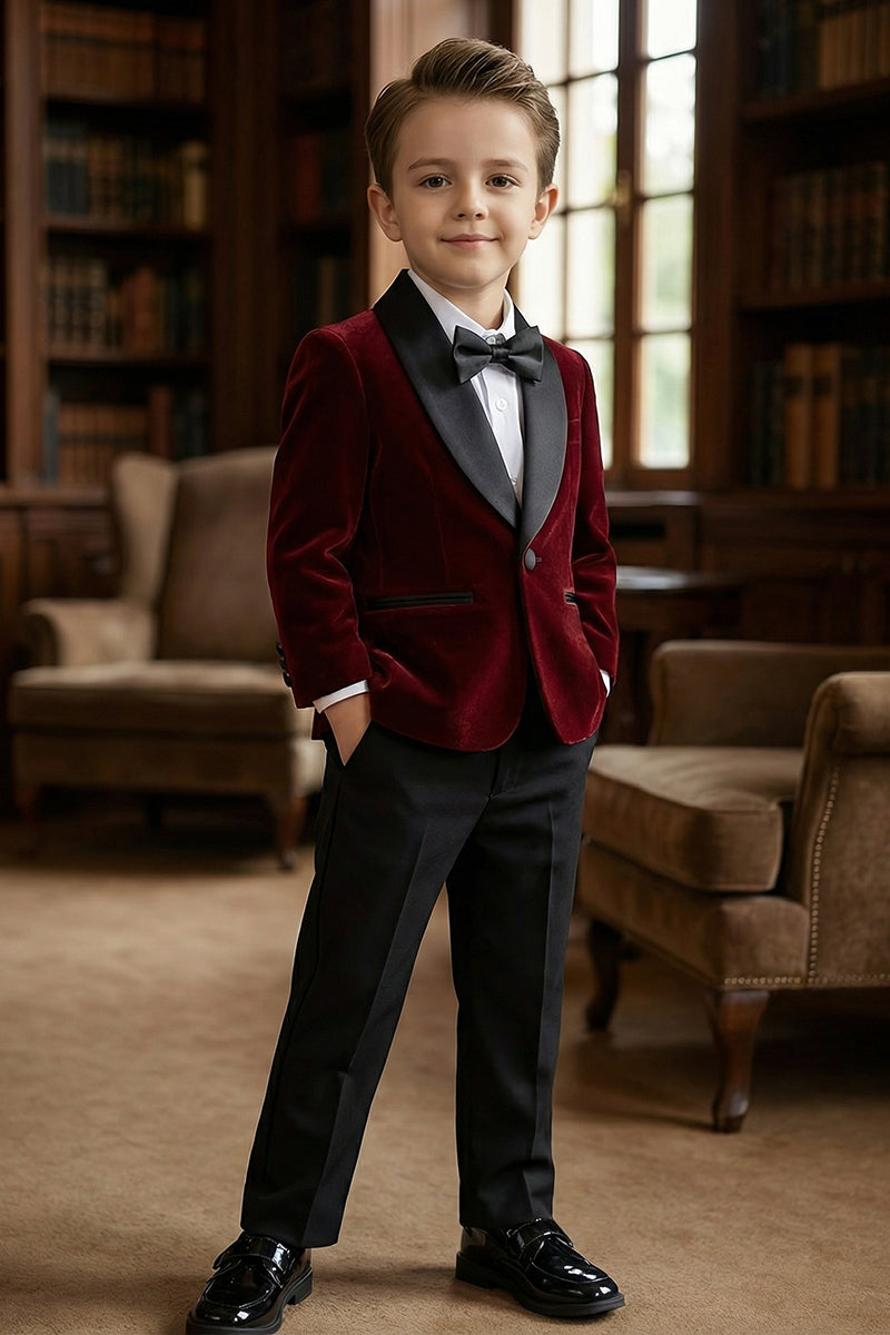 Boys Shawl Collar Burgundy Velvet 2-Piece Suit for Garden Weddings