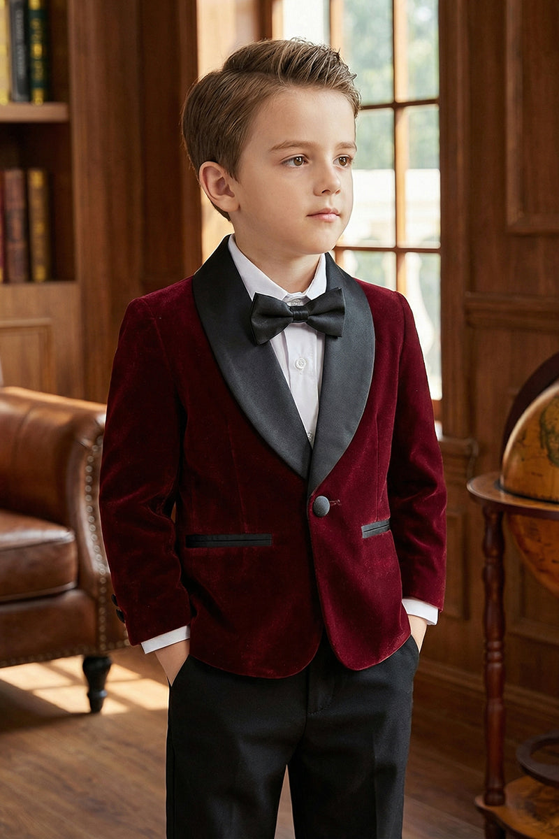 Boys Shawl Collar Burgundy Velvet 2-Piece Suit for Garden Weddings