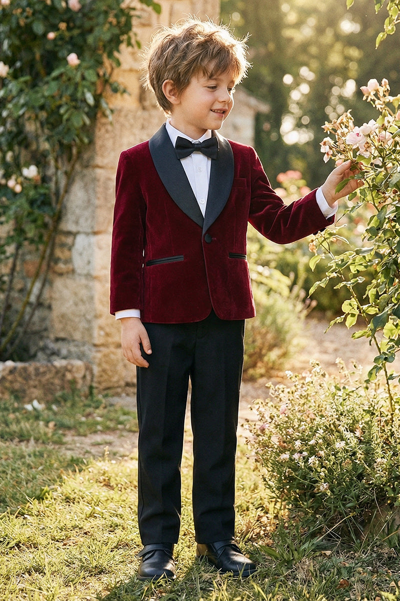 Boys Shawl Collar Burgundy Velvet 2-Piece Suit for Garden Weddings