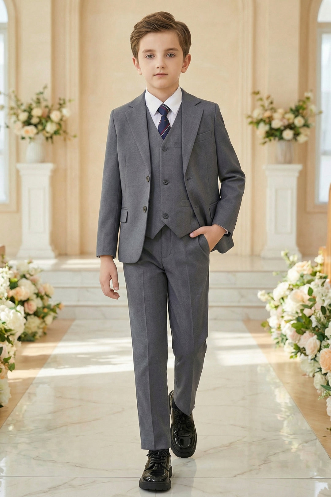 Boys Classic Grey 3-Piece Suit for Weddings with Notch Lapel