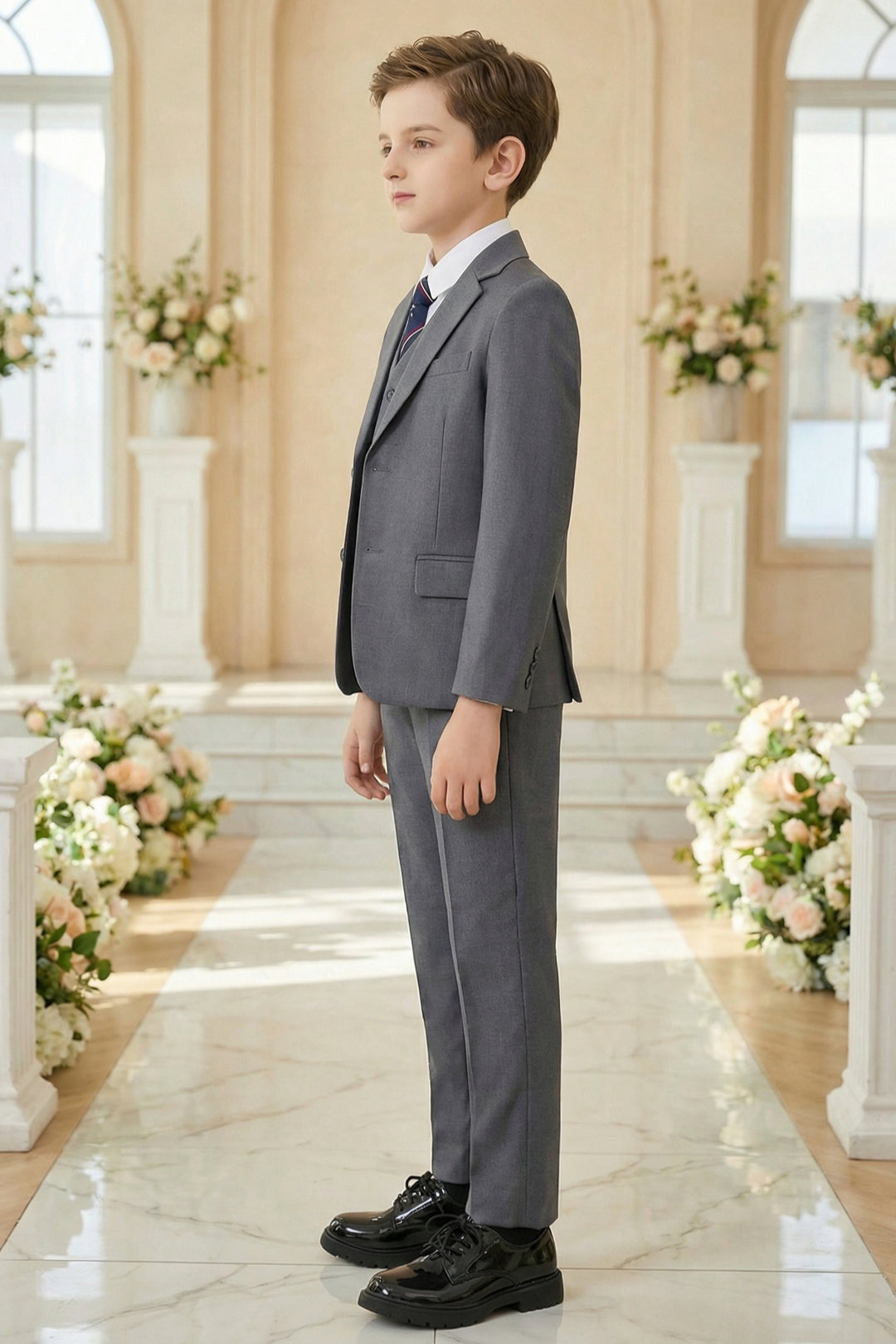 Boys Classic Grey 3-Piece Suit for Weddings with Notch Lapel