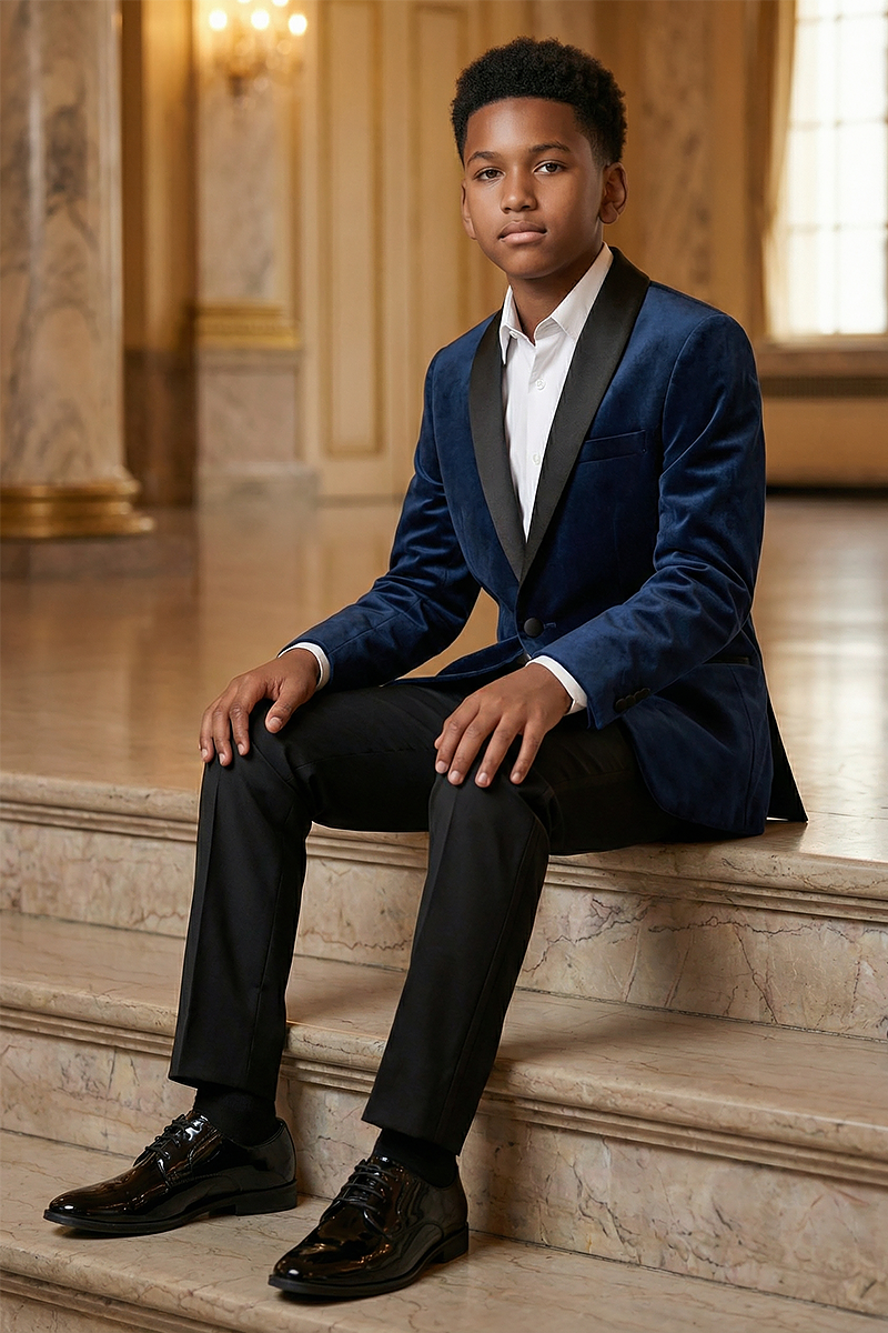 Boys Royal Blue Velvet Shawl Lapel 2-Piece Suit