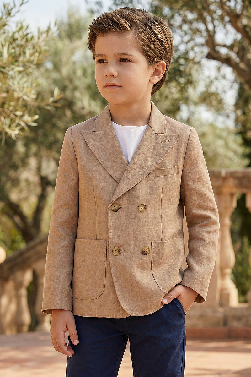 Boys Khaki Double Breasted Peak Lapel Suit Jacket