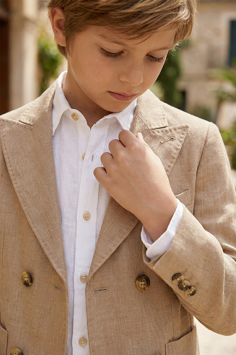 Boys Khaki Double Breasted Peak Lapel Suit Jacket