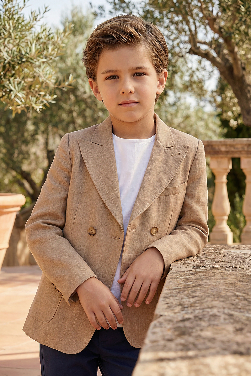 Boys Khaki Double Breasted Peak Lapel Suit Jacket