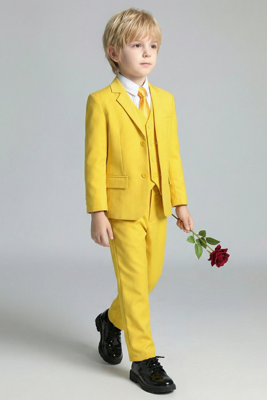 Boys Vibrant Yellow 3-Piece Suit for Weddings with Notch Lapel