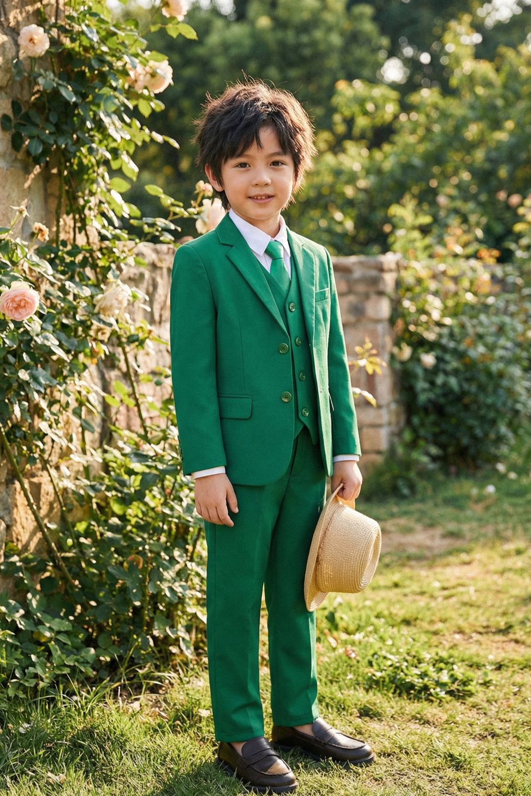 Boys Fresh Green 3-Piece Suit for Weddings with Notch Lapel