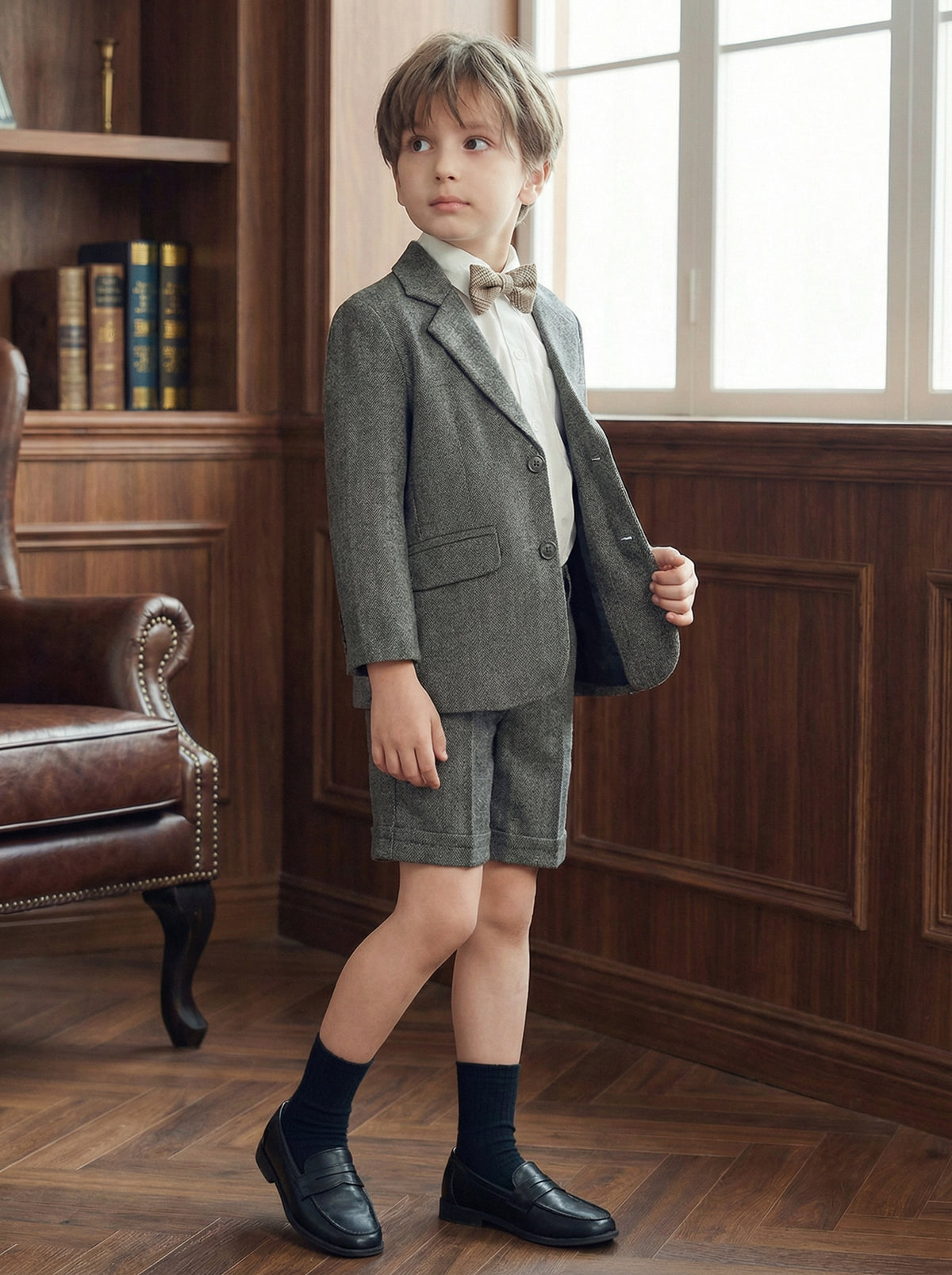 Boys Gray Herringbone Single-breasted 2-piece Suit