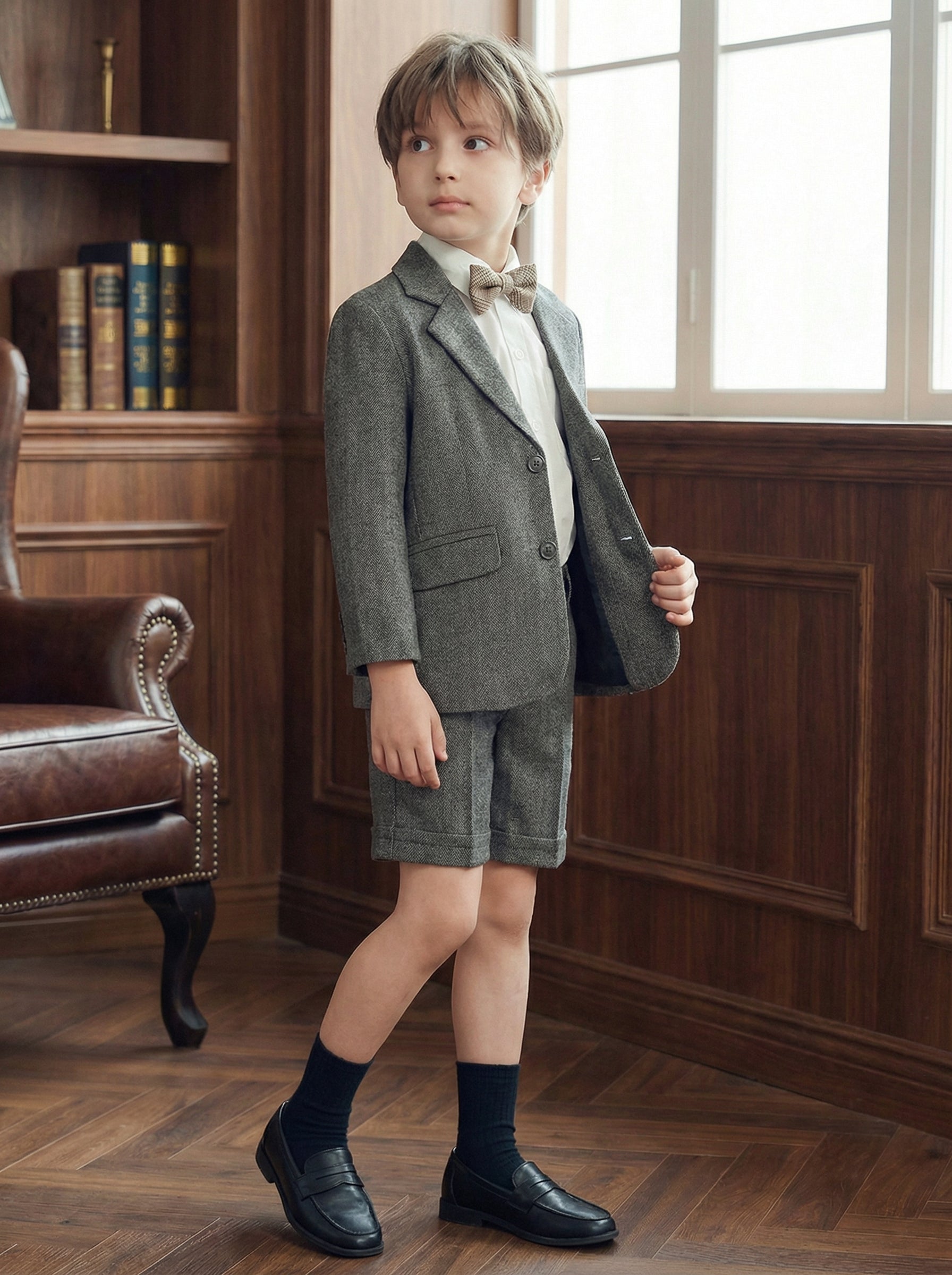 Boys Gray Herringbone Single-breasted 2-piece Suit