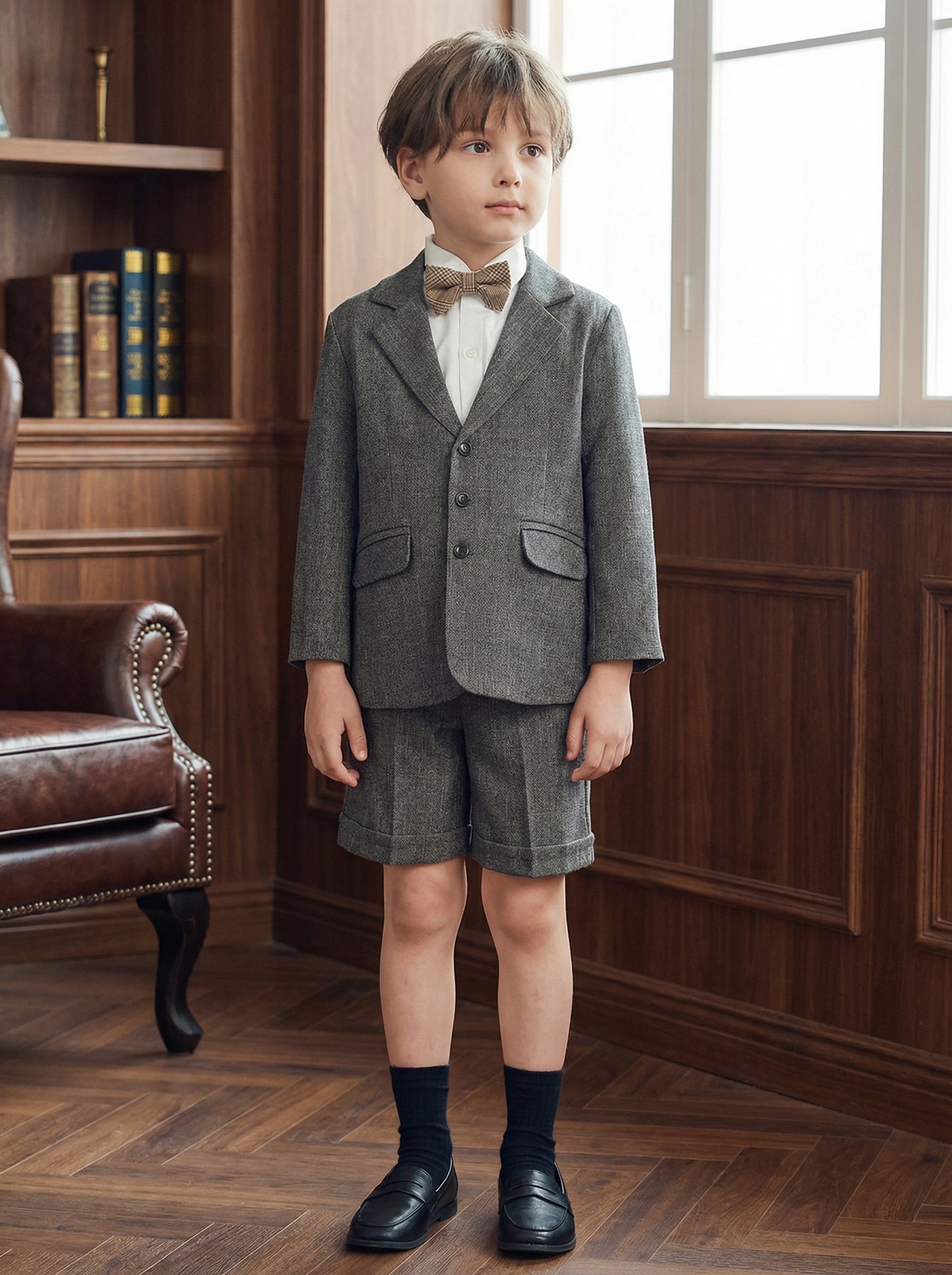 Boys Gray Herringbone Single-breasted 2-piece Suit