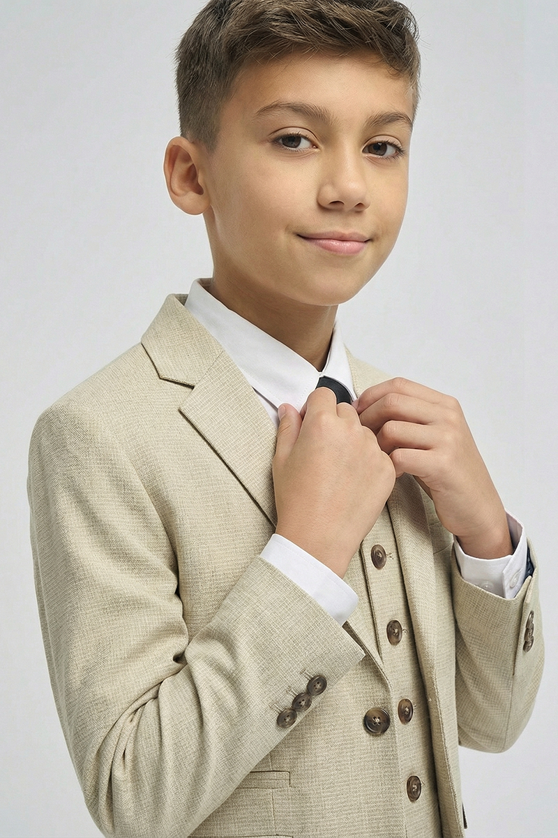 Boys Beige Textured 3-Piece Suit for Weddings & Formal Occasions