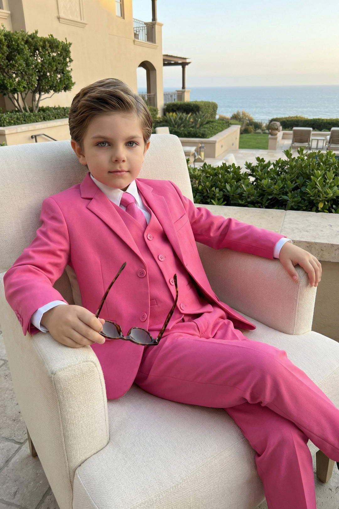 Boys Bright Pink 3-Piece Suit for Weddings with Notch Lapel