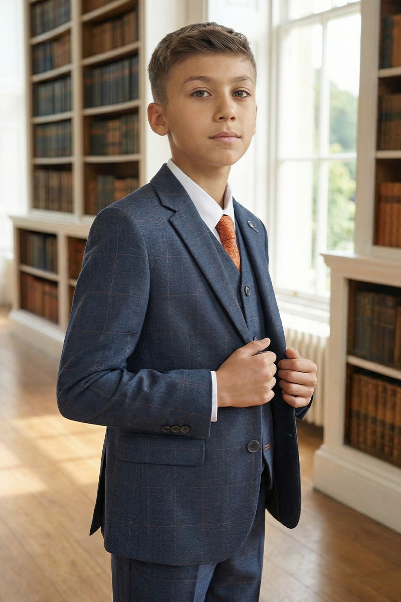 Boys Navy Plaid 3-Piece Suit for Weddings & Formal Gatherings