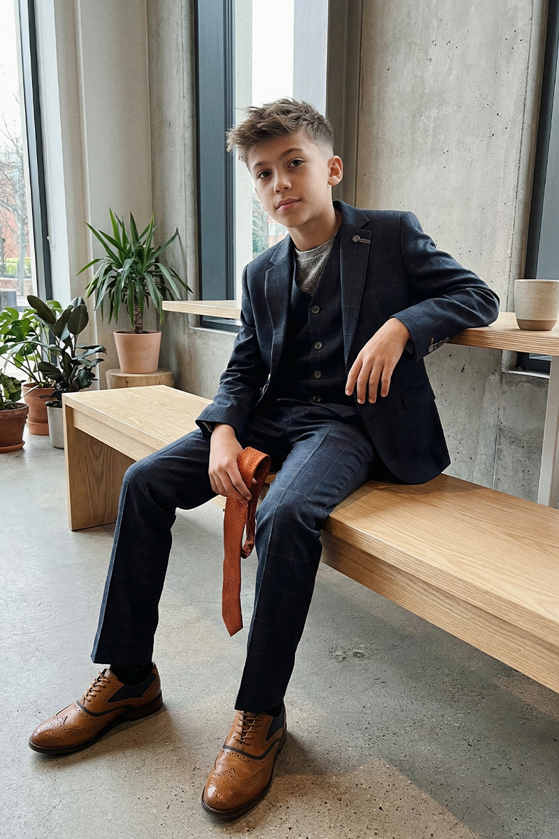 Boys Navy Plaid 3-Piece Suit for Weddings & Formal Gatherings