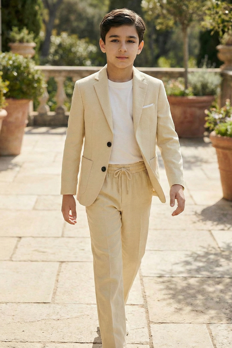 Boys Beige Linen-Blend 2-Piece Suit for Outdoor Weddings & Summer Events