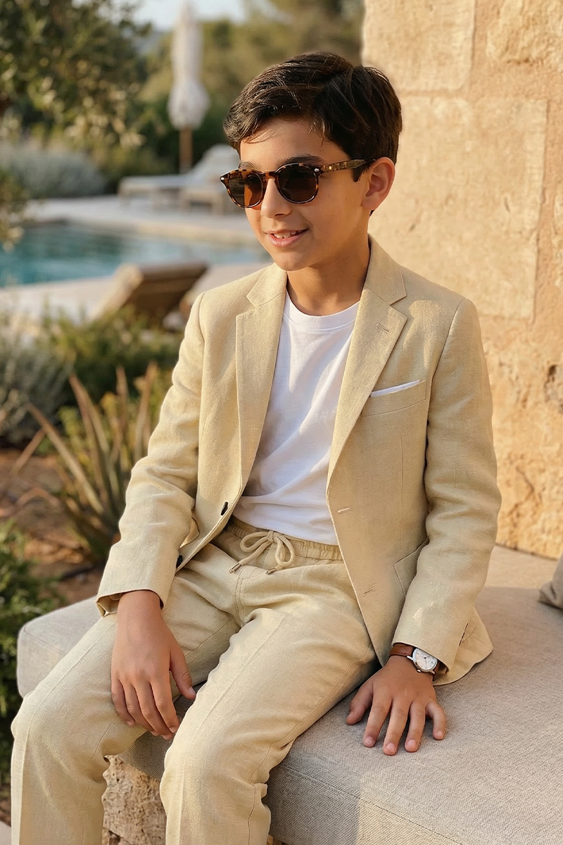 Boys Beige Linen-Blend 2-Piece Suit for Outdoor Weddings & Summer Events