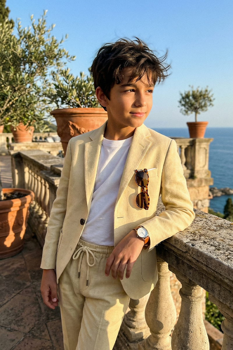 Boys Beige Linen-Blend 2-Piece Suit for Outdoor Weddings & Summer Events