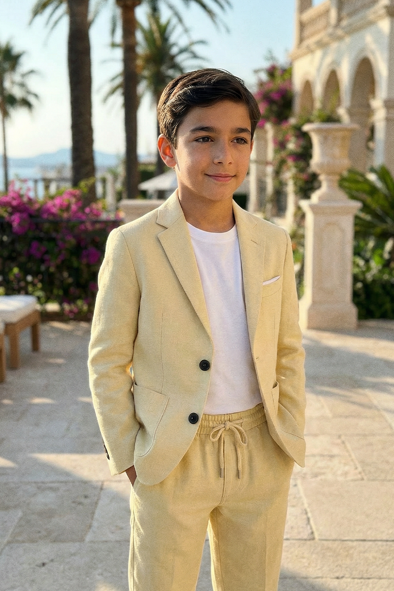 Boys Beige Linen-Blend 2-Piece Suit for Outdoor Weddings & Summer Events