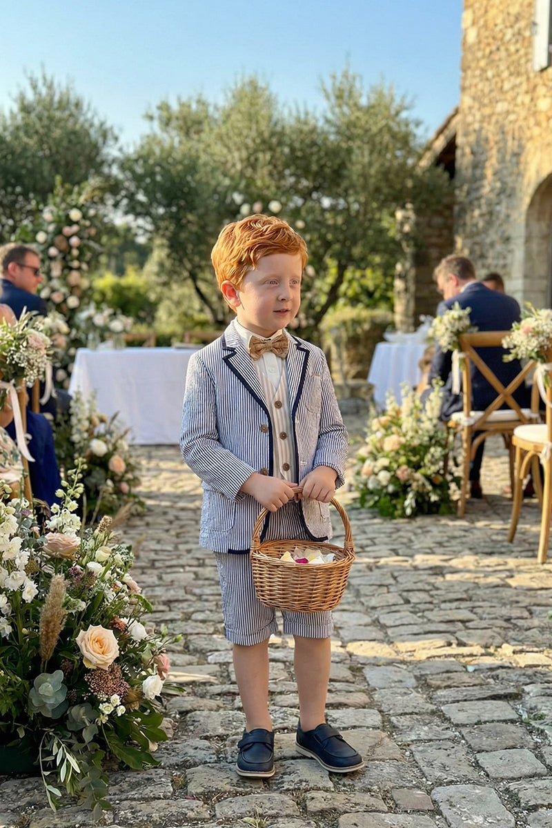 Boys Blue-gray Stripes Seersucker Single-breasted 2-piece Suit