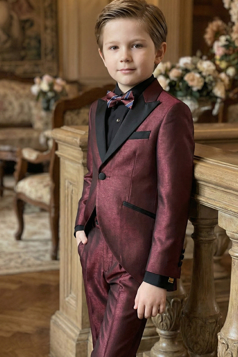 Boys Burgundy With Black Collar 2-Piece Suit