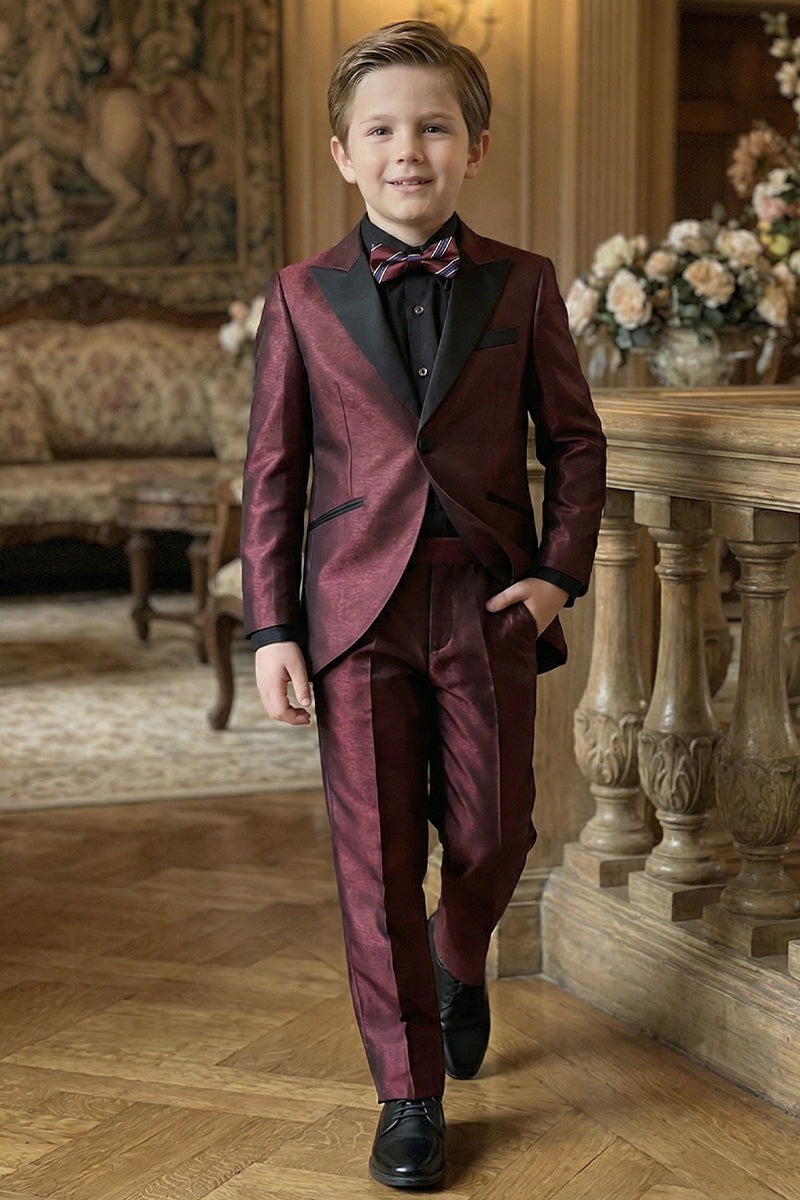 Boys Burgundy With Black Collar 2-Piece Suit
