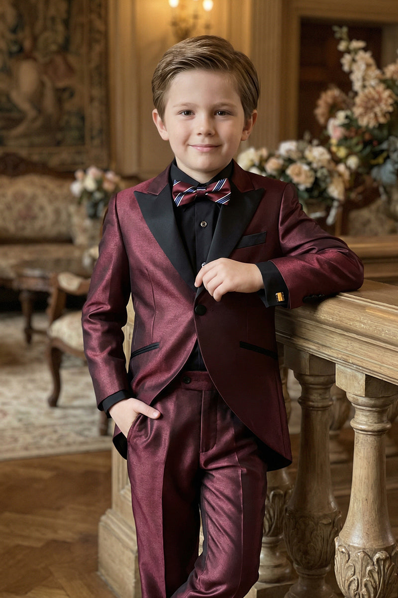 Boys Burgundy With Black Collar 2-Piece Suit
