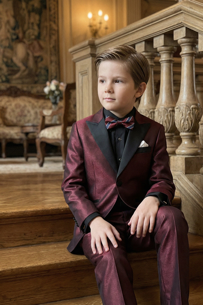 Boys Burgundy With Black Collar 2-Piece Suit