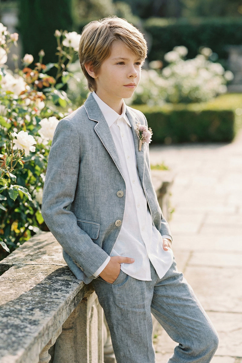 Boys Light Gray Linen Single-Breasted 2-Piece Suit