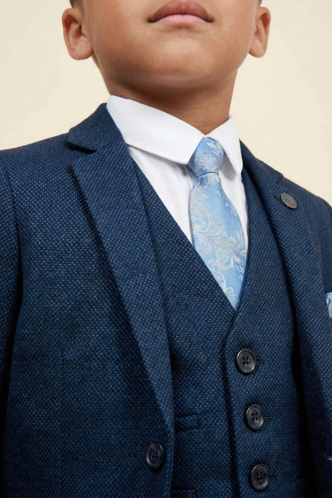 Boys Textured Navy Blue 3-Piece Suit for Weddings with Notch Lapel
