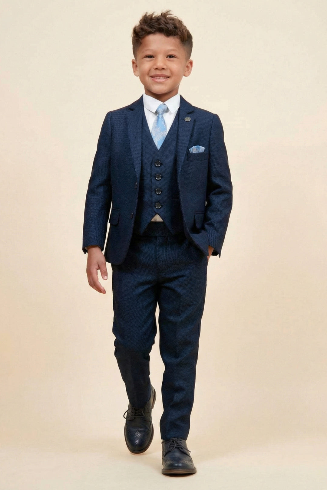 Boys Textured Navy Blue 3-Piece Suit for Weddings with Notch Lapel