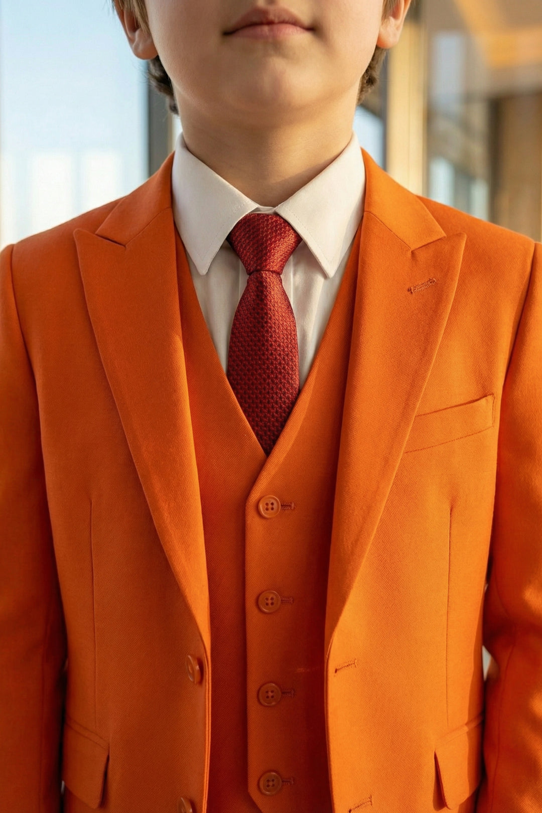Boys Vibrant Orange 3-Piece Suit for Weddings with Notch Lapel