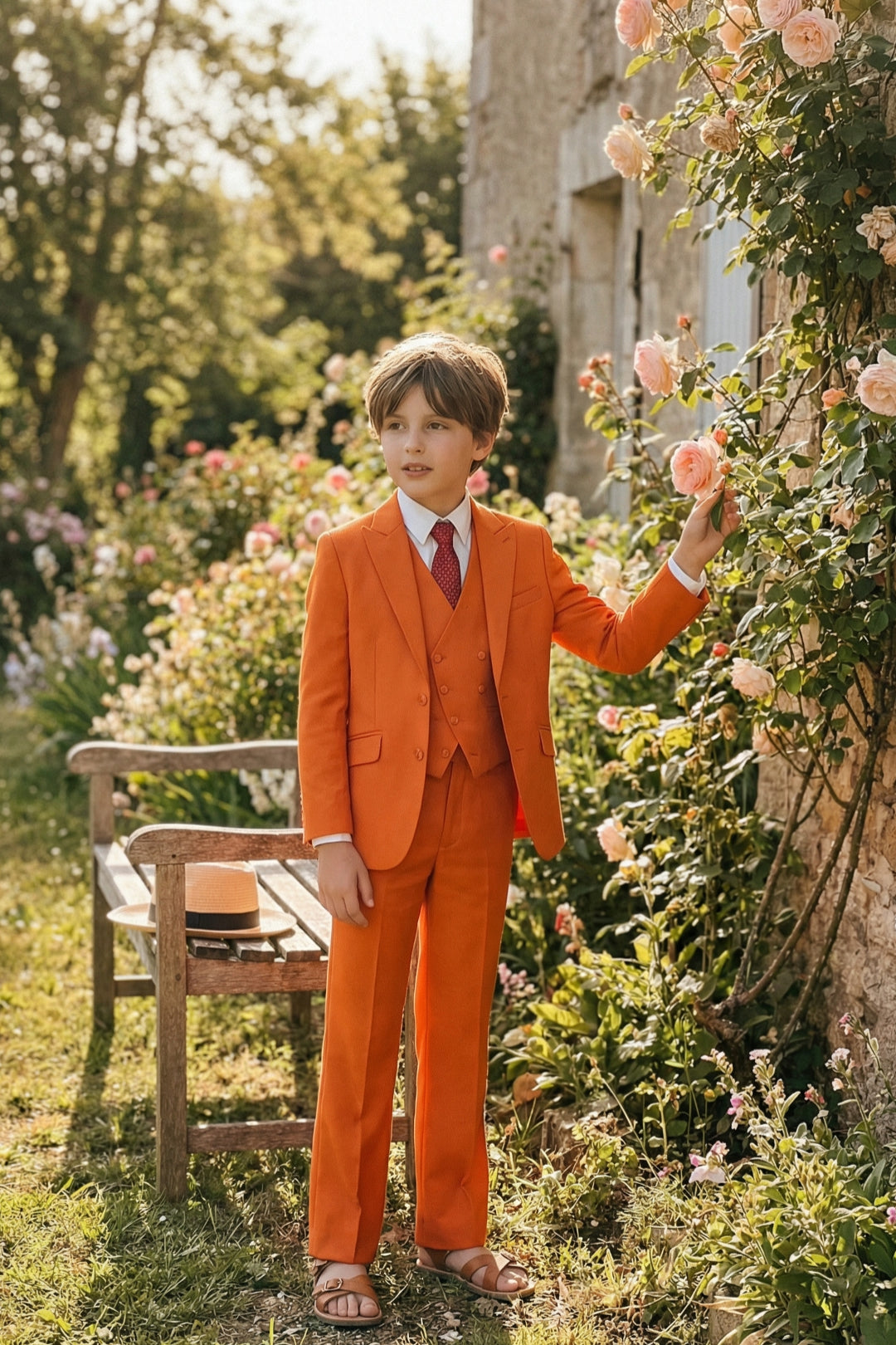 Boys Vibrant Orange 3-Piece Suit for Weddings with Notch Lapel