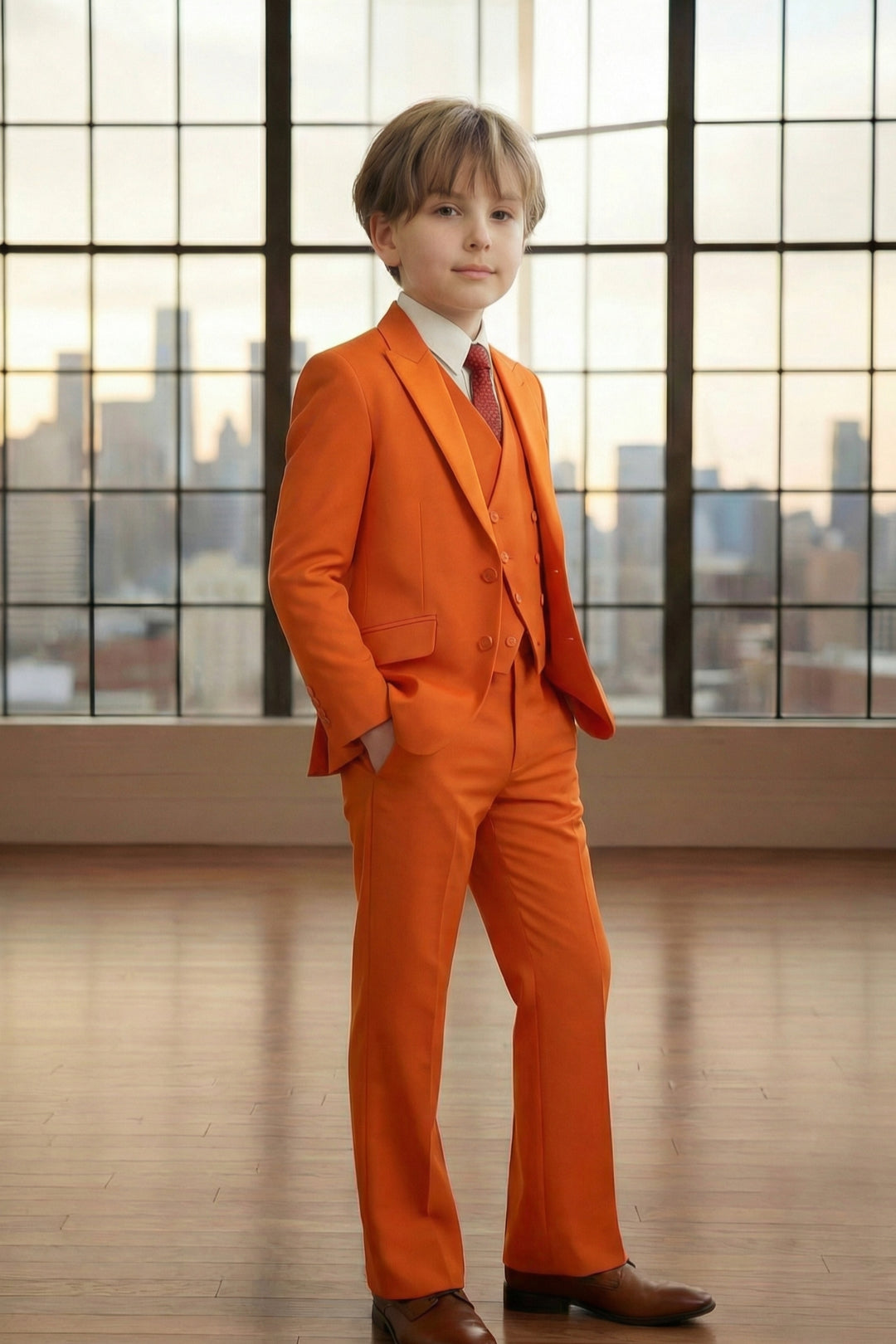 Boys Vibrant Orange 3-Piece Suit for Weddings with Notch Lapel