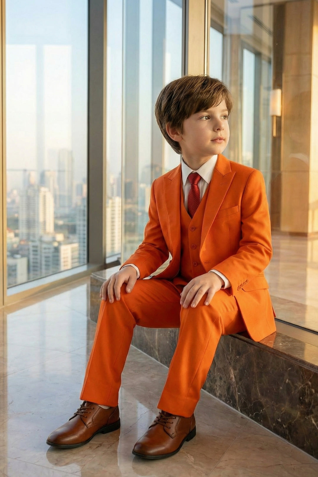 Boys Vibrant Orange 3-Piece Suit for Weddings with Notch Lapel