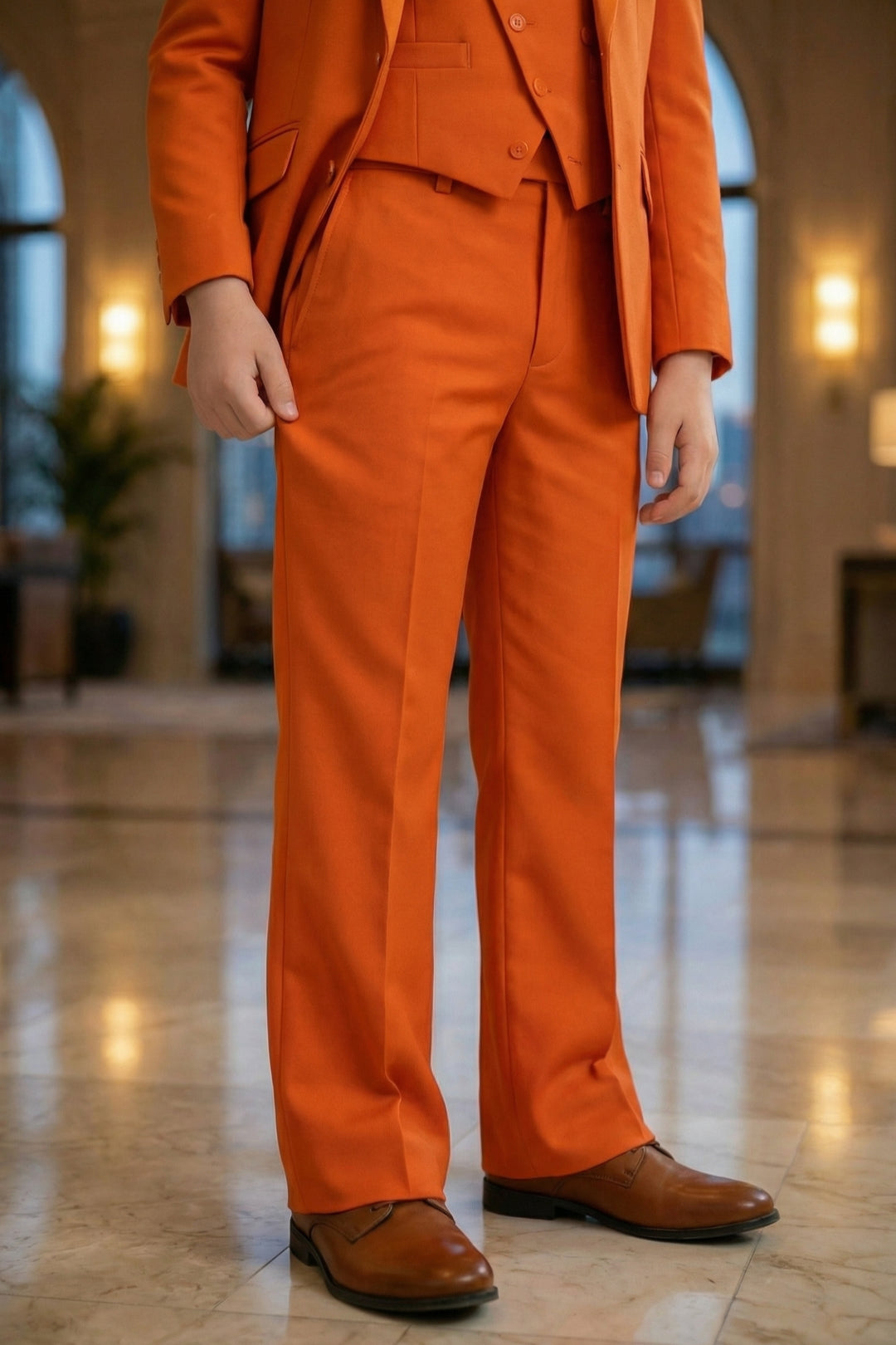 Boys Vibrant Orange 3-Piece Suit for Weddings with Notch Lapel