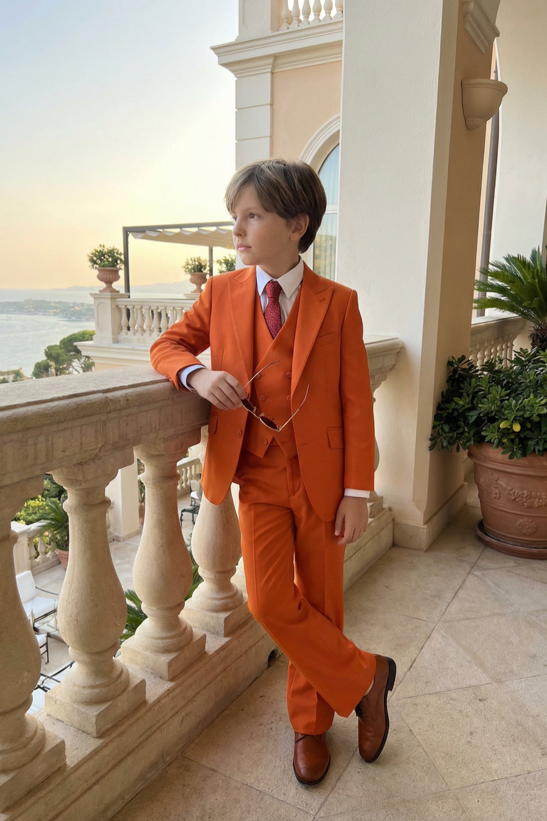 Boys Vibrant Orange 3-Piece Suit for Weddings with Notch Lapel