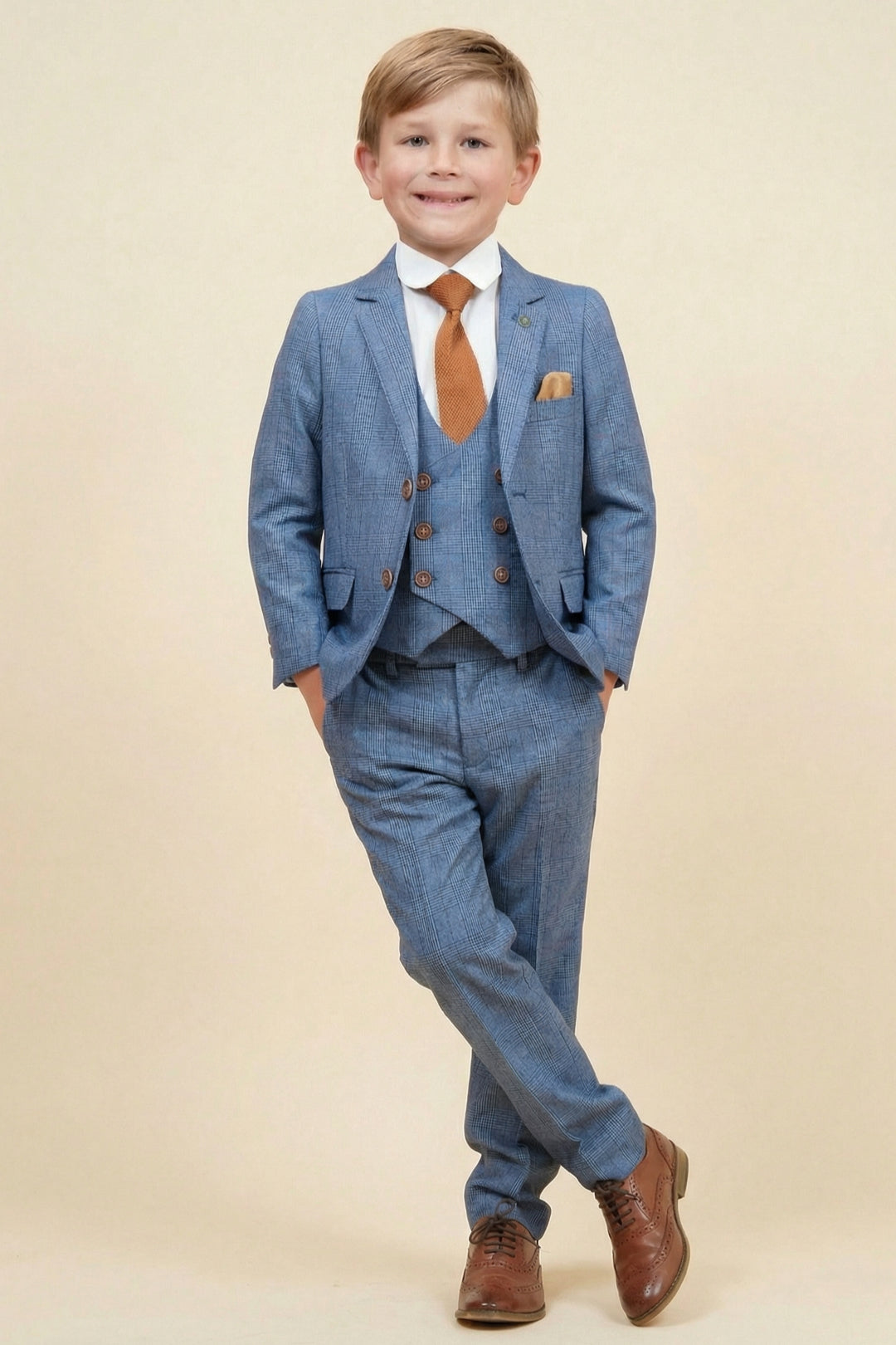 Boys Light Blue Checked 3-Piece Suit for Weddings with Notch Lapel