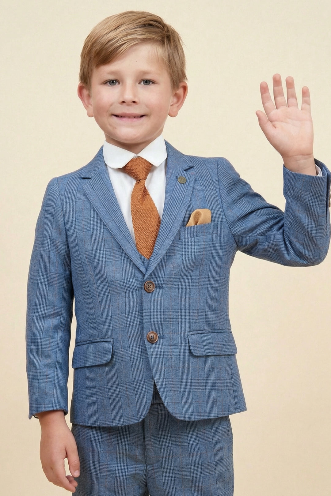 Boys Light Blue Checked 3-Piece Suit for Weddings with Notch Lapel