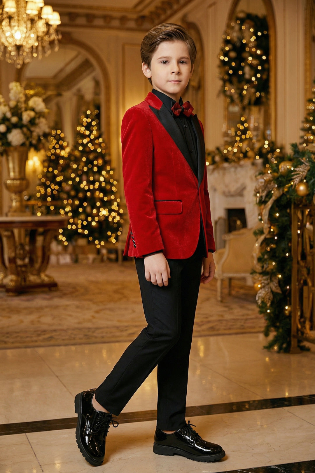 Boys Red Velvet Tuxedo 2-Piece Set with Black Satin Shawl Lapel