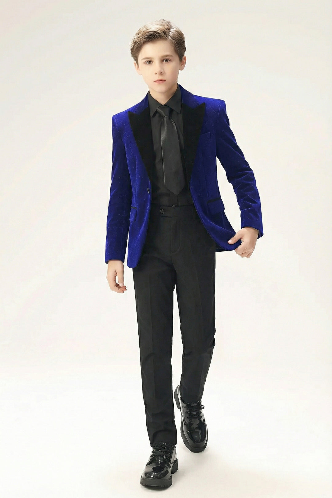Boys Royal Blue Velvet Tuxedo 2-Piece Set with Black Satin Shawl Lapel