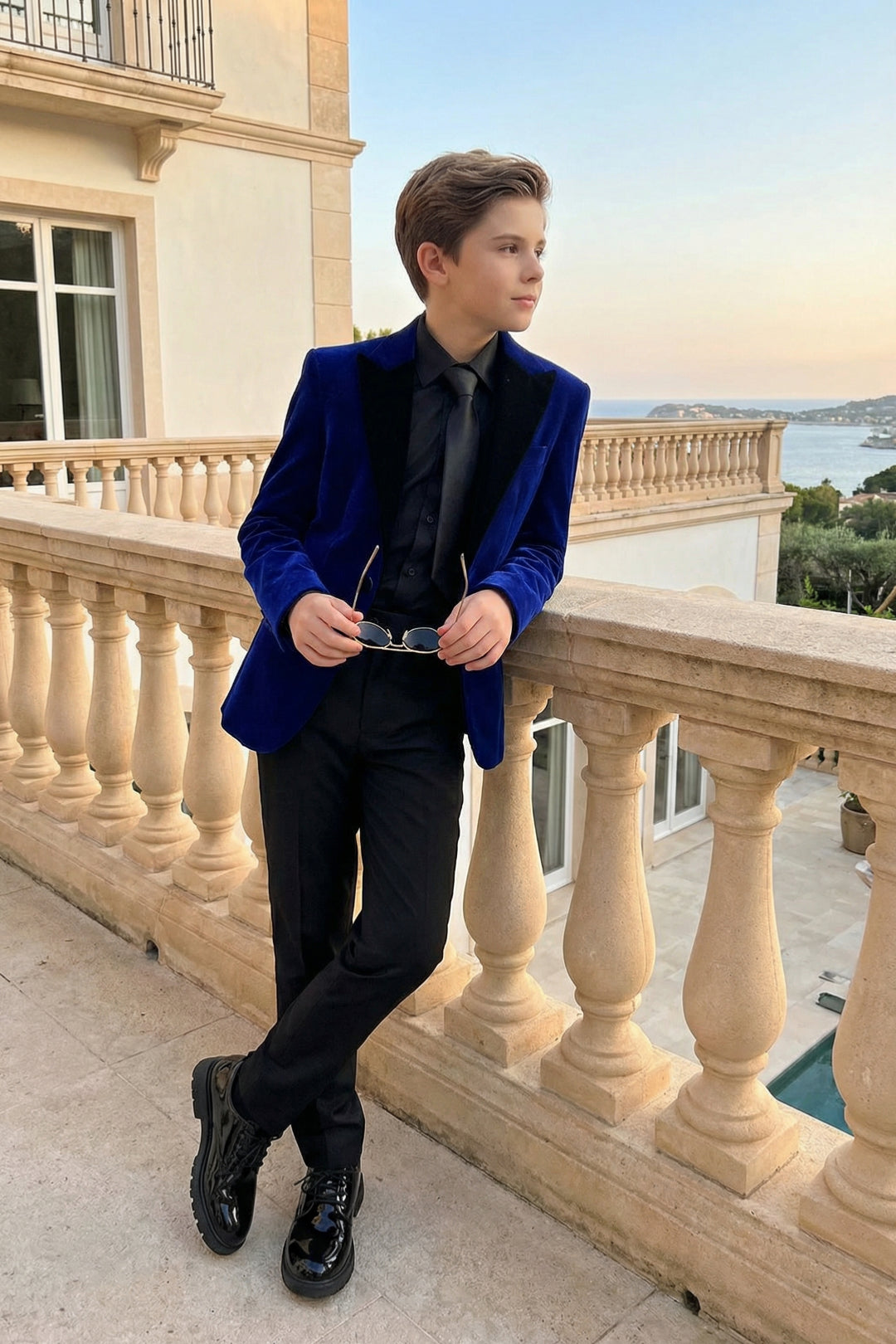 Boys Royal Blue Velvet Tuxedo 2-Piece Set with Black Satin Shawl Lapel