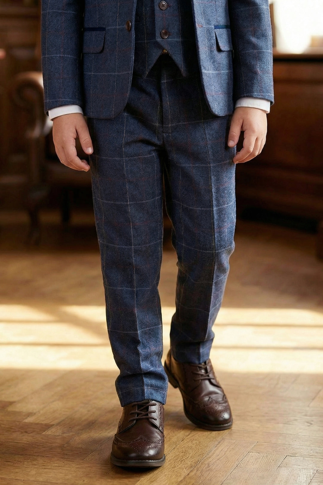 Boys Navy Blue Tweed Check 3-Piece Suit with Notch Lapel