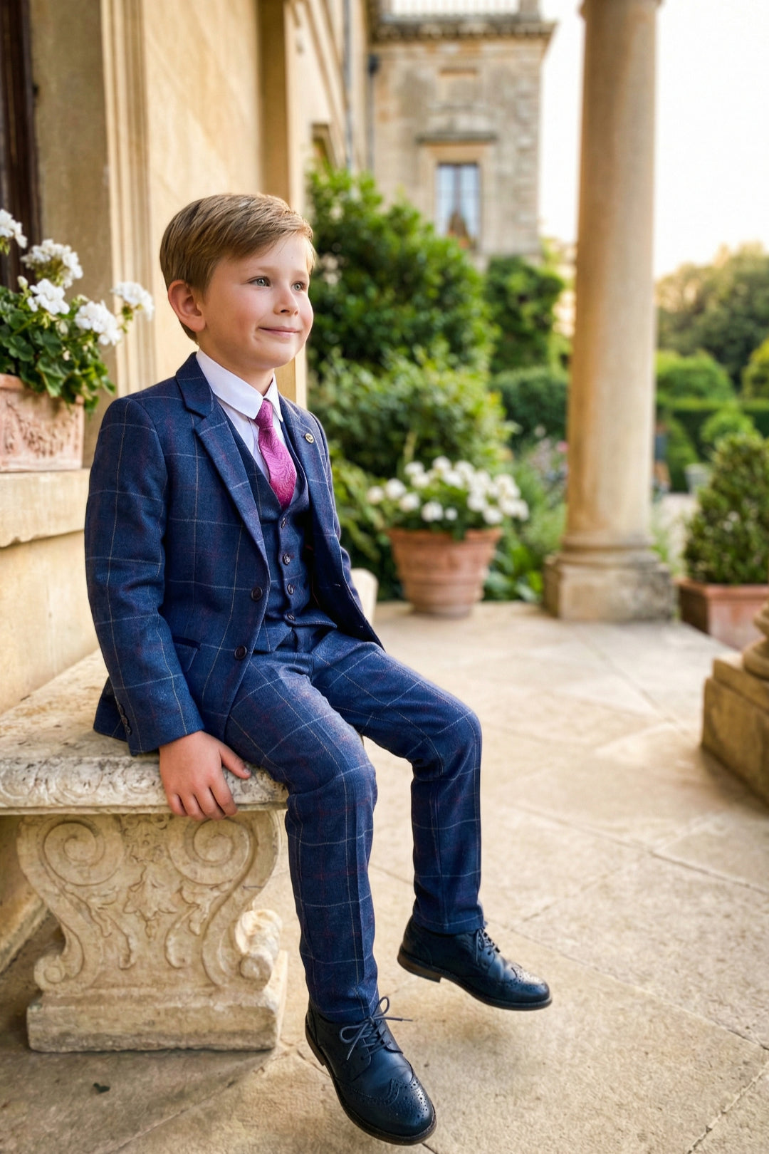 Boys Navy Blue Tweed Check 3-Piece Suit with Notch Lapel