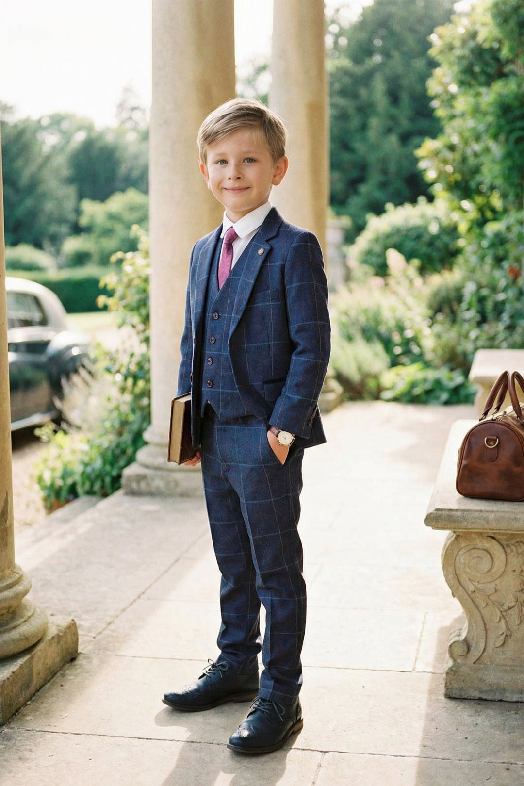 Boys Navy Blue Tweed Check 3-Piece Suit with Notch Lapel