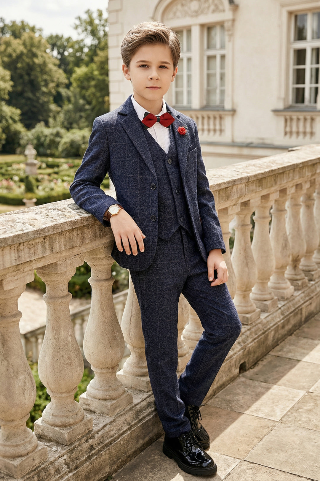 Boys Navy Blue Tweed 3-Piece Suit with Notch Lapel