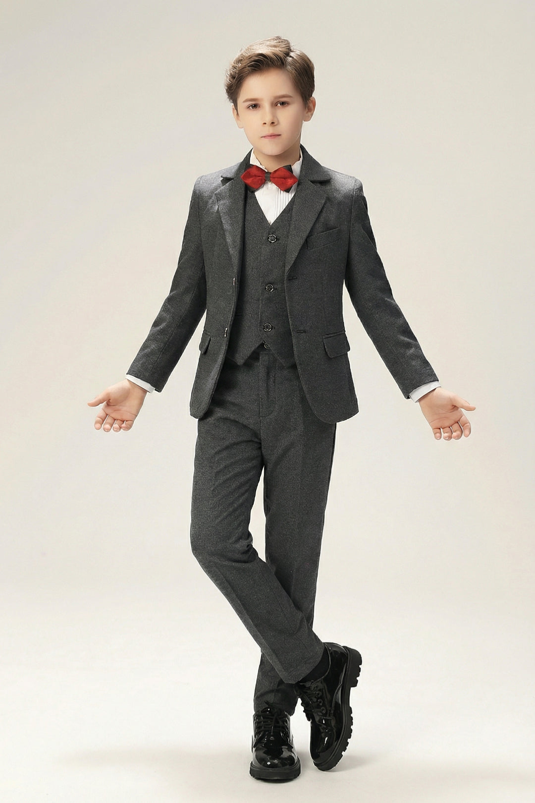 Boys Charcoal Tweed 3-Piece Suit with Notch Lapel